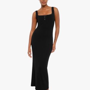 Shapewear Modal Slimming Lace Trim Henley Tank Maxi Dress
