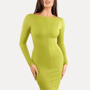 Shapewear Long Sleeve Boat Neck Sculpting Midi Dress