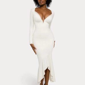Shapewear Long Sleeve Lace Trim Sculpting Mermaid Maxi Dress
