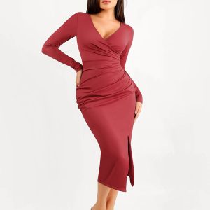 Shapewear Ruched Long Sleeve Faux Wrap Slimming Midi Dress