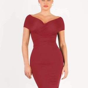 Shapewear Ruched Off-Shoulder Sculpting Midi Dress