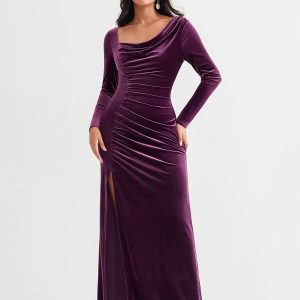 Velvet Draped Long Sleeve Sculpting Column Gown